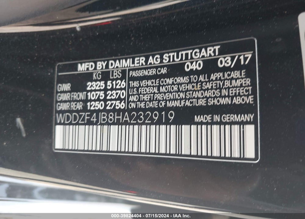 2017 MERCEDES-BENZ E 300 VIN: WDDZF4JB8HA232919