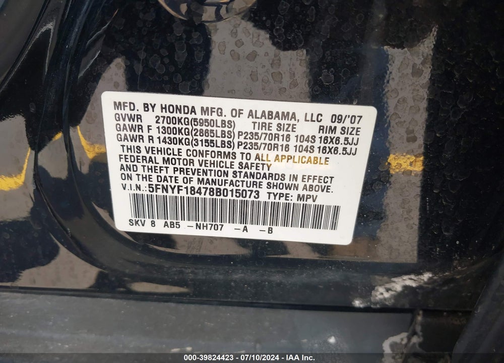 2008 HONDA PILOT EX VIN: 5FNYF18478B015073