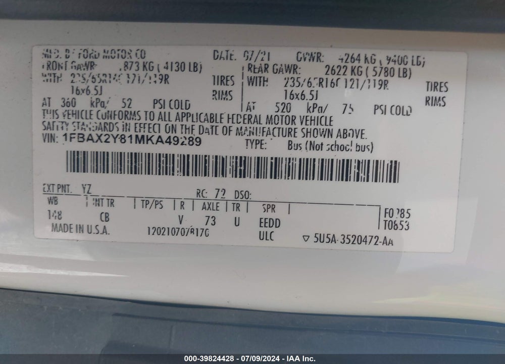 2021 FORD TRANSIT-350 PASSENGER VAN XLT VIN: 1FBAX2Y81MKA49289