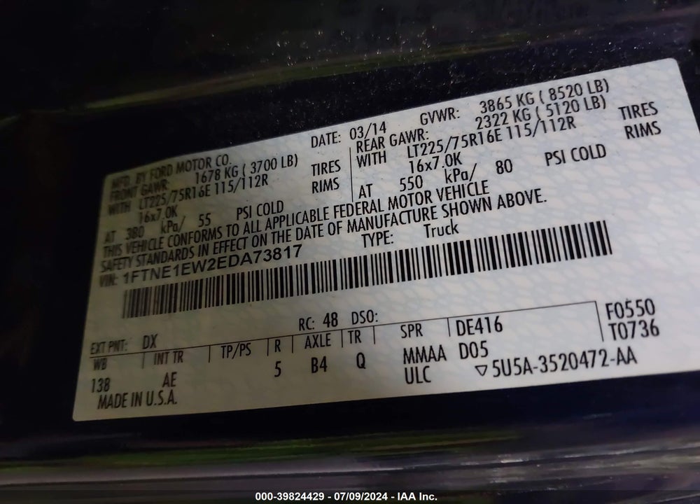 2014 FORD E-150 COMMERCIAL VIN: 1FTNE1EW2EDA73817