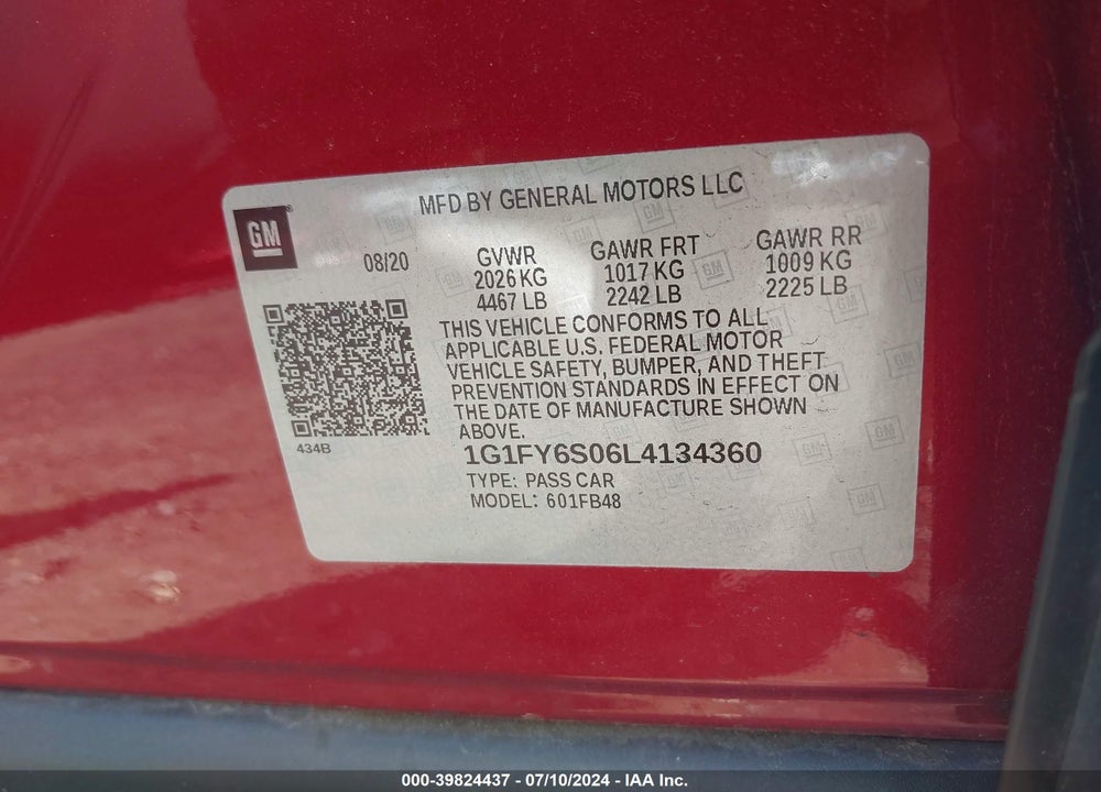 2020 CHEVROLET BOLT EV FWD LT VIN: 1G1FY6S06L4134360