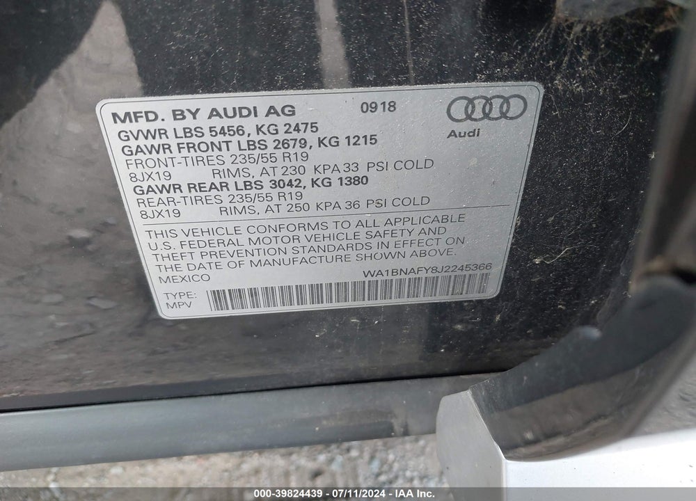 2018 AUDI Q5 2.0T PREMIUM/2.0T TECH PREMIUM VIN: WA1BNAFY8J2245366