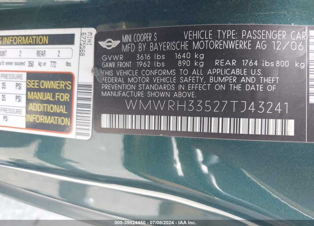2007 MINI COOPER S VIN: WMWRH33527TJ43241