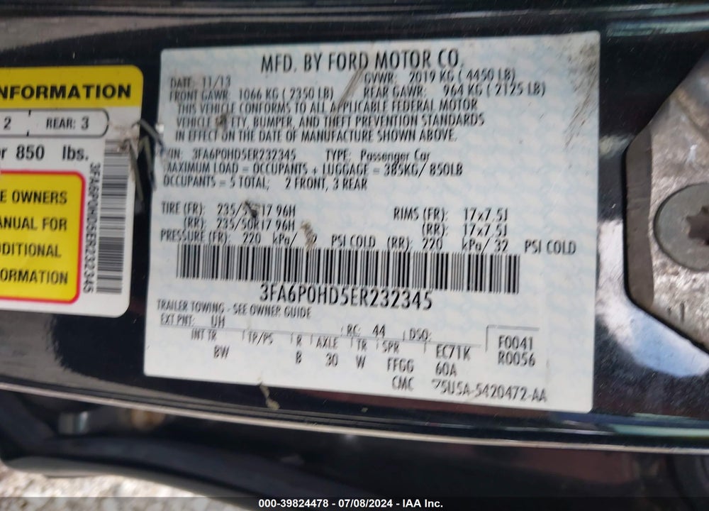 2014 FORD FUSION SE VIN: 3FA6P0HD5ER232345