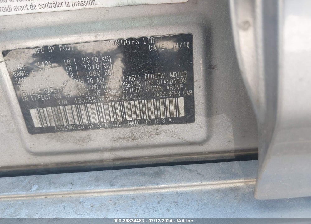 2010 SUBARU LEGACY 2.5I PREMIUM VIN: 4S3BMCG69A3246425