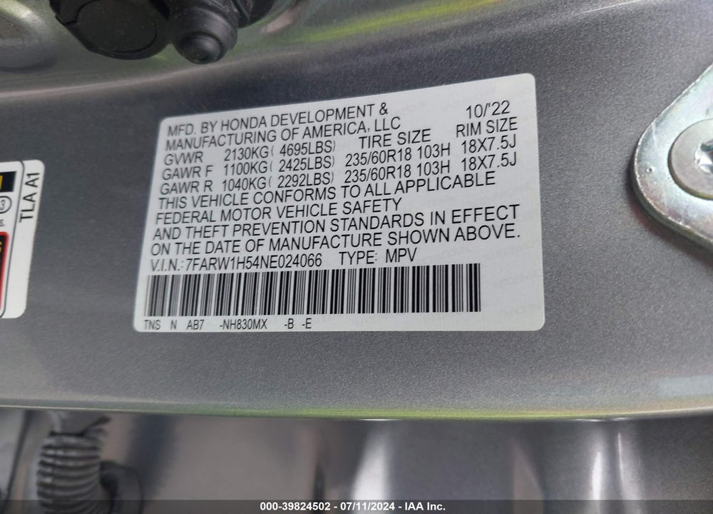 2022 HONDA CR-V VIN: 7FARW1H54NE024066