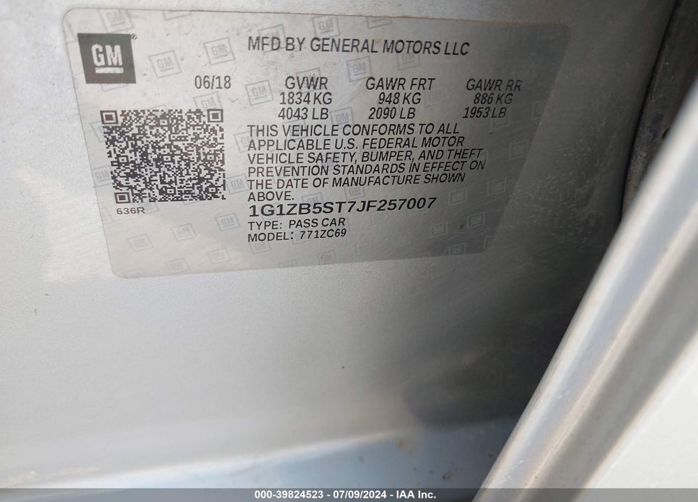 2018 CHEVROLET MALIBU 1LS VIN: 1G1ZB5ST7JF257007