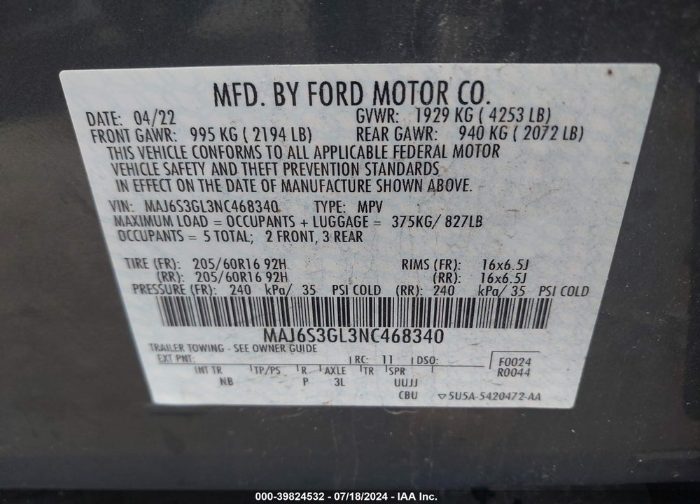 2022 FORD ECOSPORT SE VIN: MAJ6S3GL3NC468340