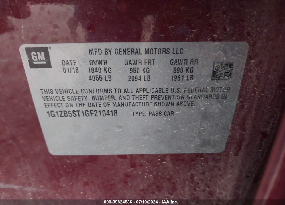 2016 CHEVROLET MALIBU LS VIN: 1G1ZB5ST1GF210418