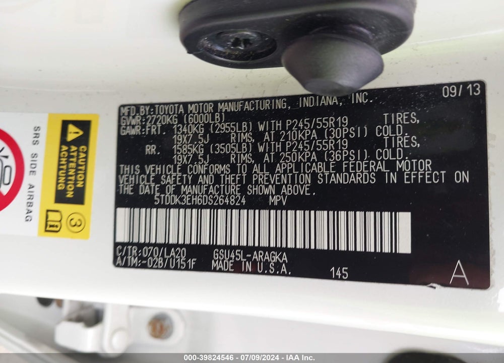 2013 TOYOTA HIGHLANDER LIMITED V6 VIN: 5TDDK3EH6DS264824
