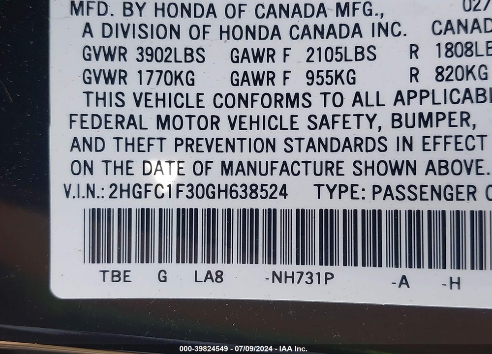 2016 HONDA CIVIC EX-T VIN: 2HGFC1F30GH638524