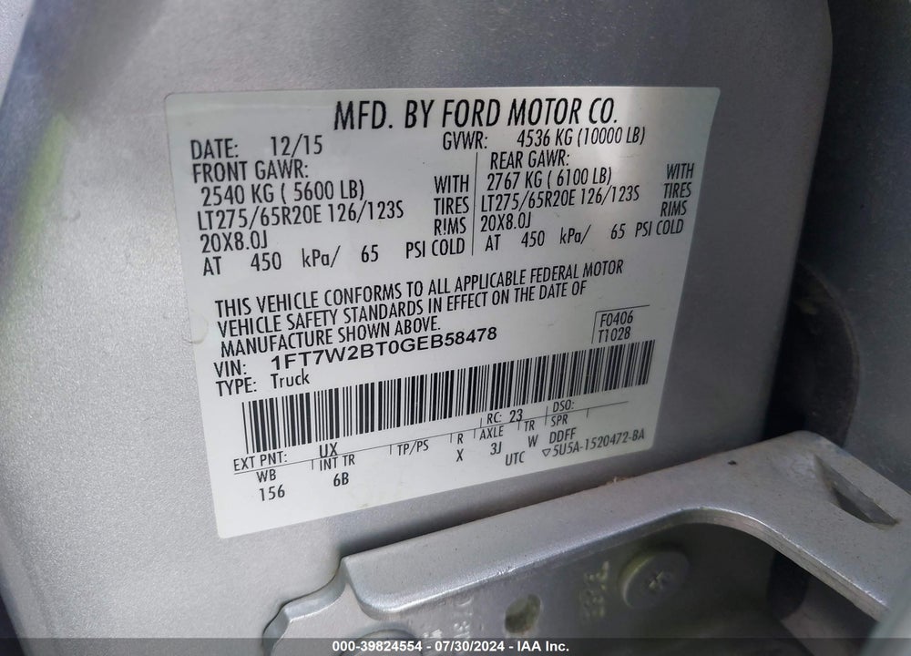 2016 FORD F-250 LARIAT VIN: 1FT7W2BT0GEB58478