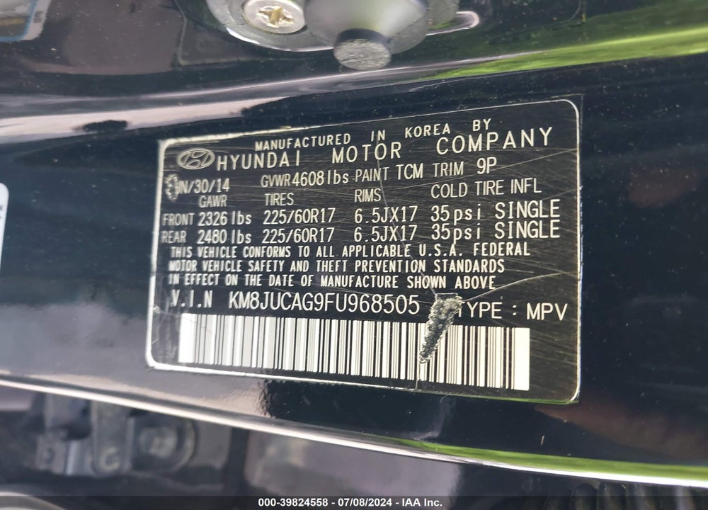 2015 HYUNDAI TUCSON SE VIN: KM8JUCAG9FU968505