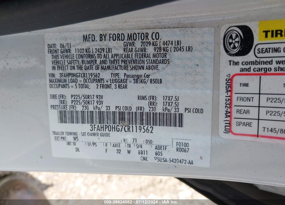 2012 FORD FUSION SE VIN: 3FAHP0HG7CR119562