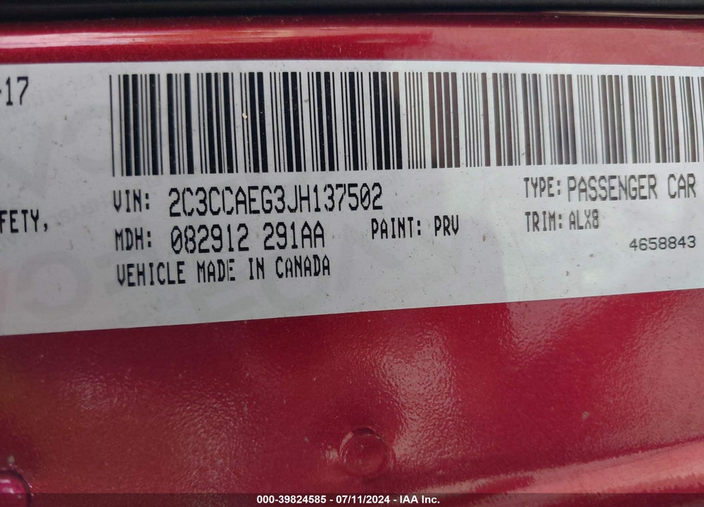 2018 CHRYSLER 300 LIMITED VIN: 2C3CCAEG3JH137502