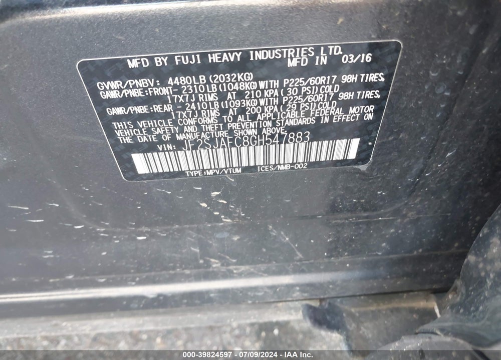 2016 SUBARU FORESTER 2.5I PREMIUM VIN: JF2SJAFC8GH547883