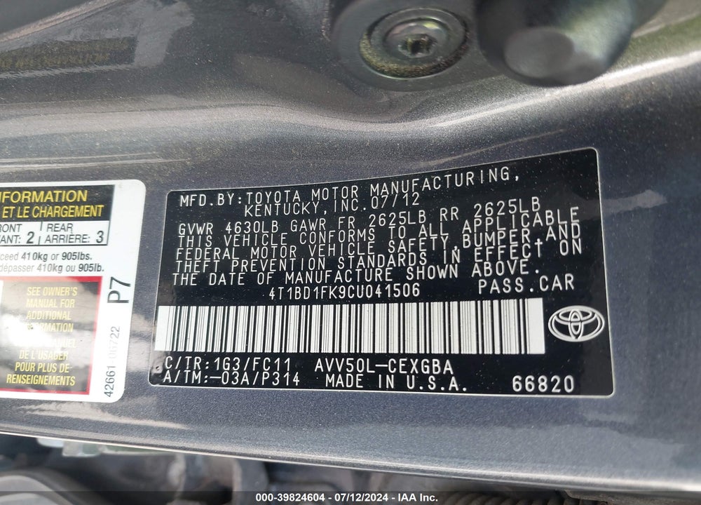 2012 TOYOTA CAMRY HYBRID XLE VIN: 4T1BD1FK9CU041506