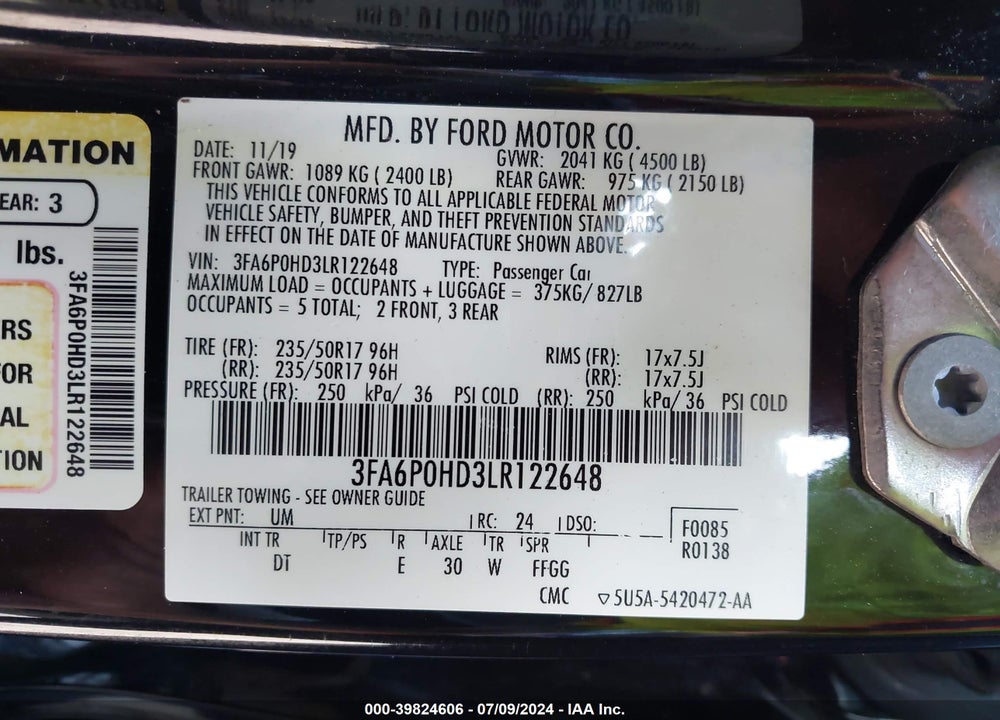 2020 FORD FUSION SE VIN: 3FA6P0HD3LR122648