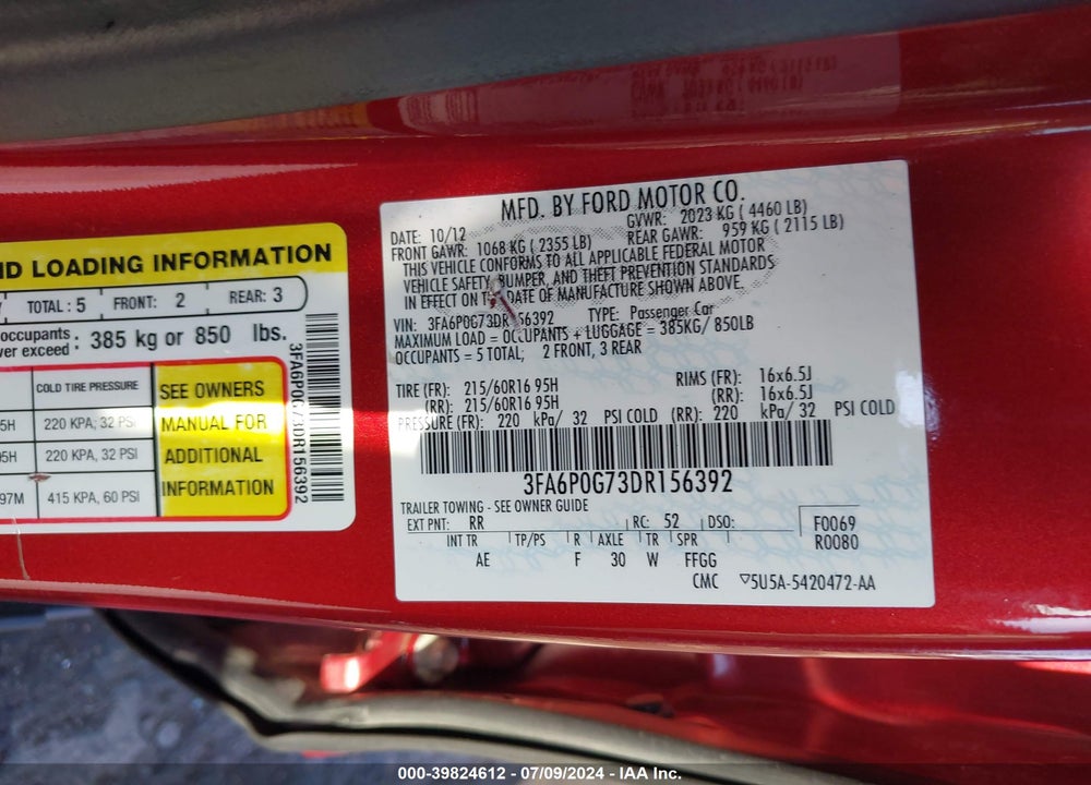 2013 FORD FUSION S VIN: 3FA6P0G73DR156392