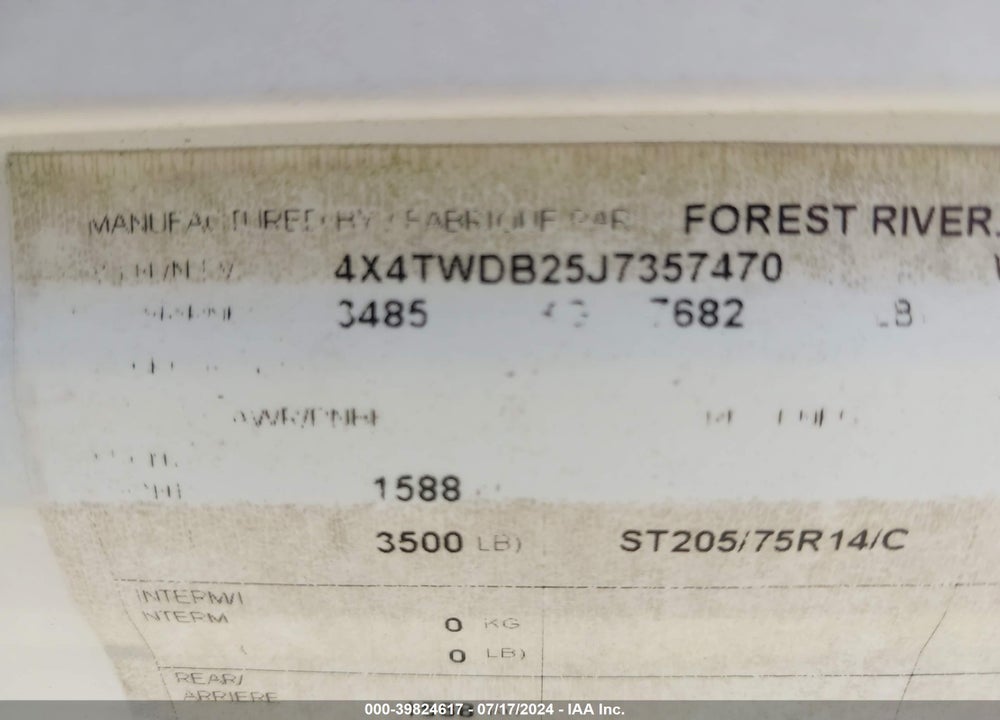 2018 FOREST RIVER WILDWOOD VIN: 4X4TWDB25J7357470