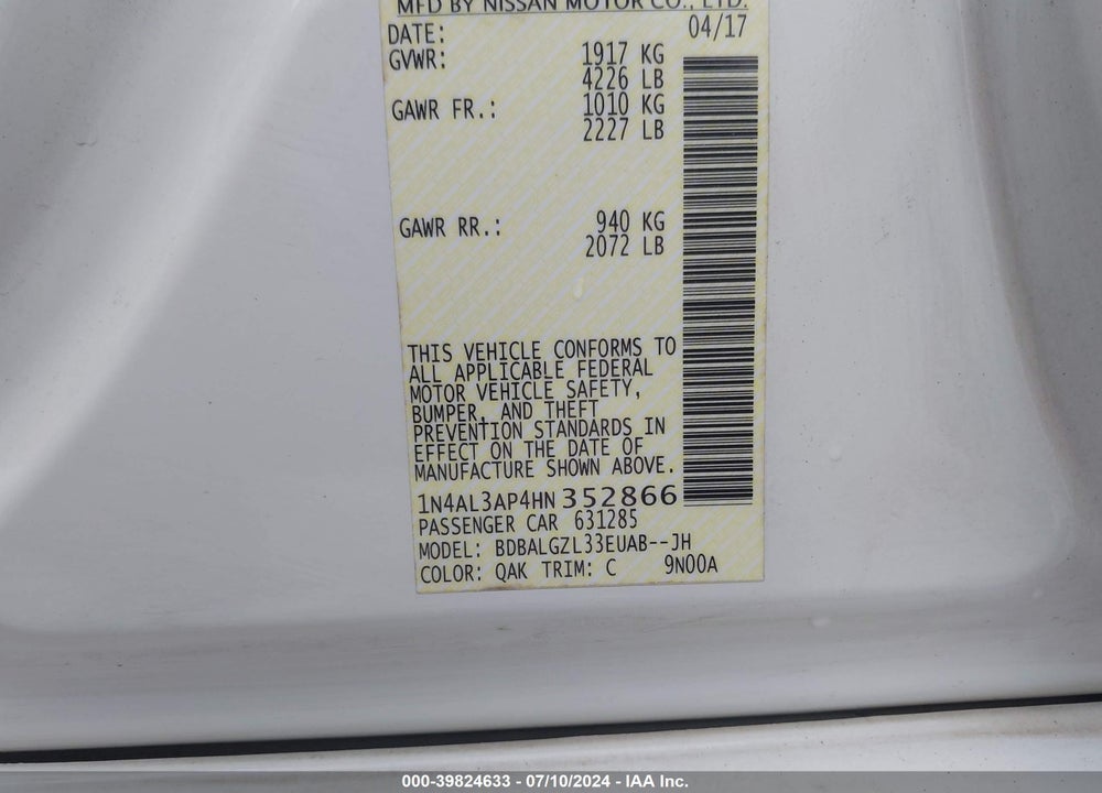 2017 NISSAN ALTIMA 2.5 S VIN: 1N4AL3AP4HN352866