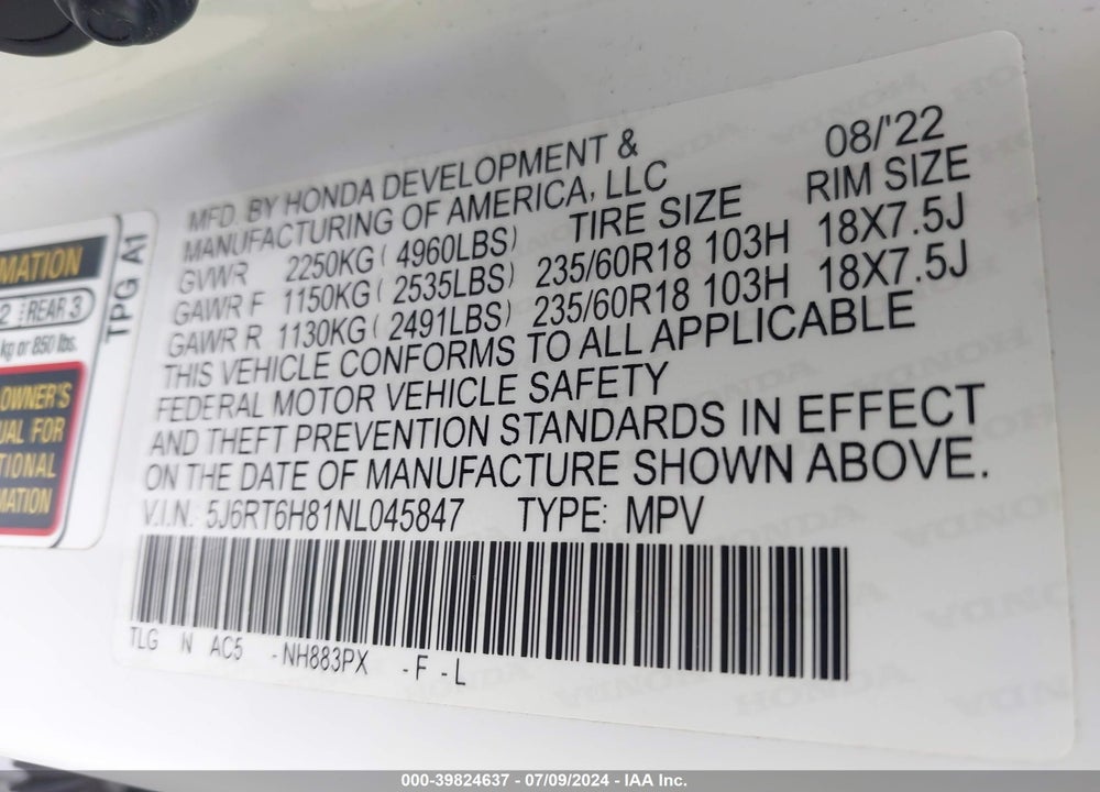 2022 HONDA CR-V HYBRID EX-L VIN: 5J6RT6H81NL045847