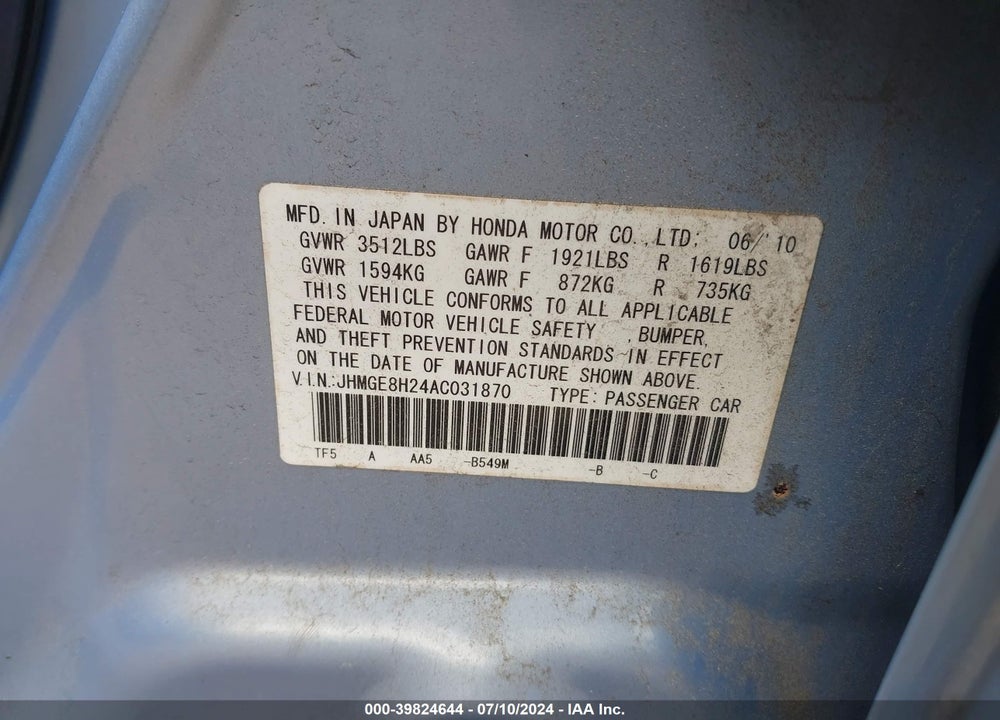 2010 HONDA FIT VIN: JHMGE8H24AC031870