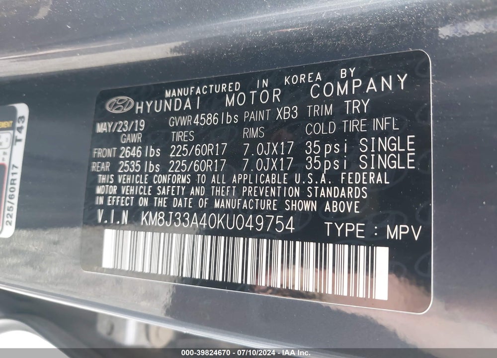 2019 HYUNDAI TUCSON VALUE VIN: KM8J33A40KU049754