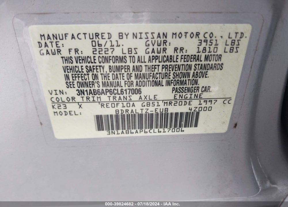 2012 NISSAN SENTRA 2.0 S VIN: 3N1AB6AP6CL617006