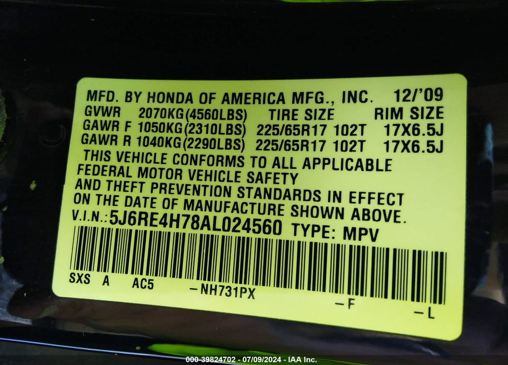2010 HONDA CR-V EX-L VIN: 5J6RE4H78AL024560