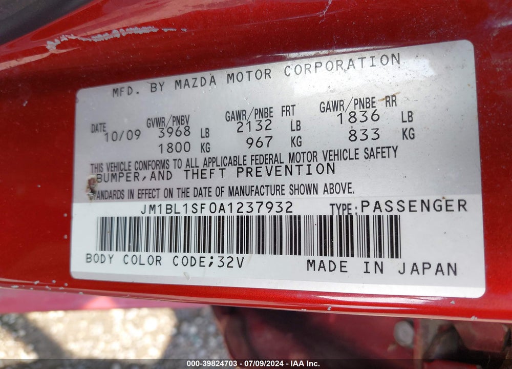 2010 MAZDA 3 I TOURING VIN: JM1BL1SF0A1237932