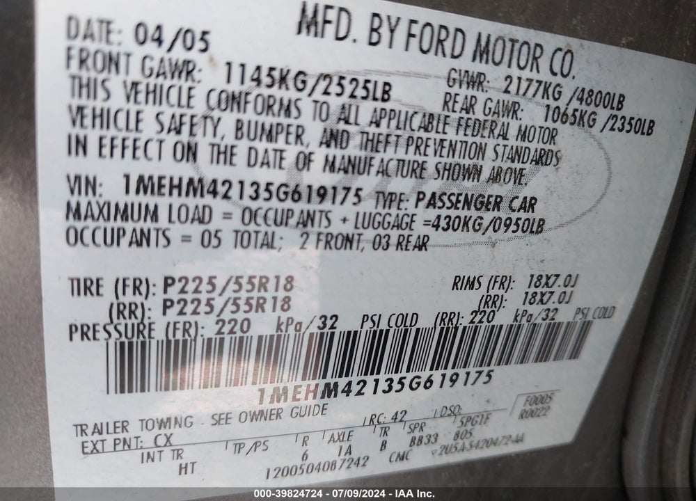 2005 MERCURY MONTEGO PREMIER VIN: 1MEHM42135G619175