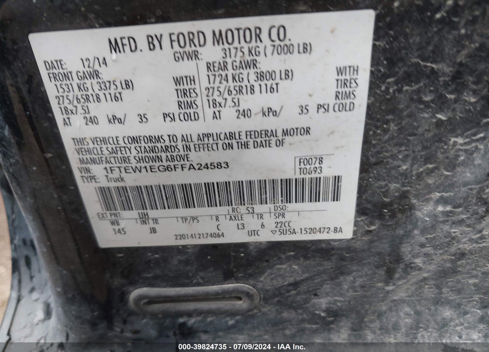 2015 FORD F-150 XLT VIN: 1FTEW1EG6FFA24583