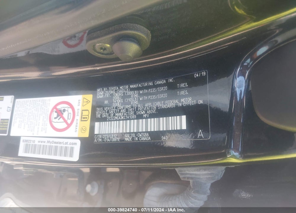 2019 LEXUS RX 350 VIN: 2T2ZZMCA3KC141089