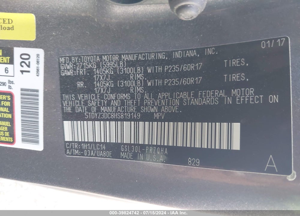 2017 TOYOTA SIENNA VIN: 5TDYZ3DC8HS819149