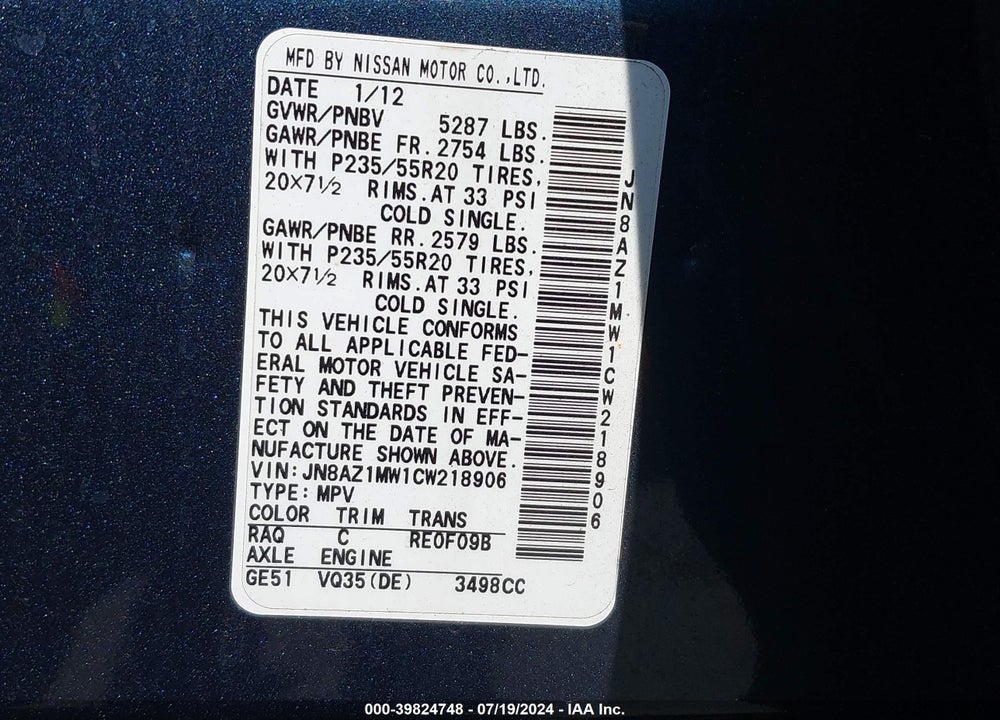 2012 NISSAN MURANO LE VIN: JN8AZ1MW1CW218906