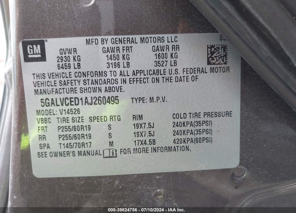 2010 BUICK ENCLAVE 2XL VIN: 5GALVCED1AJ260495