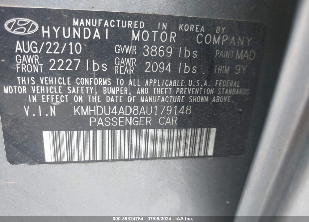 2010 HYUNDAI ELANTRA GLS VIN: KMHDU4AD8AU179148