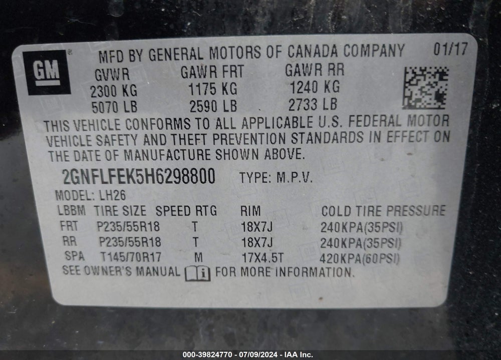 2017 CHEVROLET EQUINOX VIN: 2GNFLFEK5H6298800