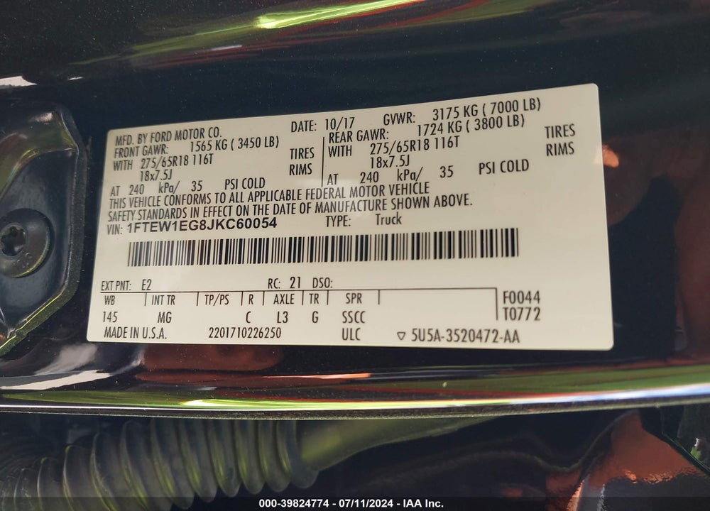 2018 FORD F-150 XLT VIN: 1FTEW1EG8JKC60054