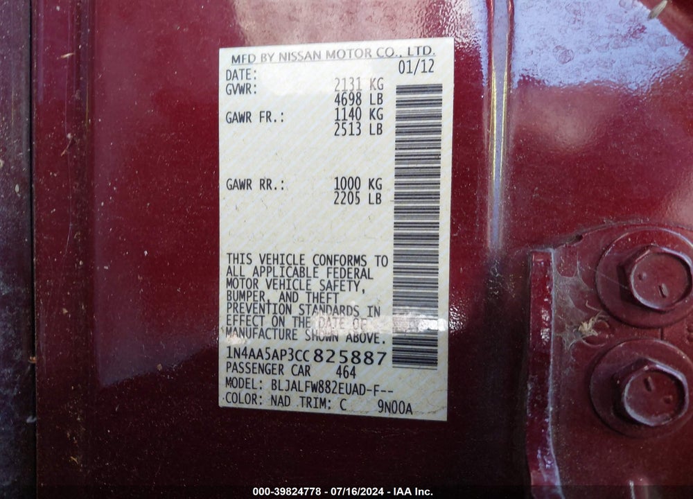 2012 NISSAN MAXIMA 3.5 SV VIN: 1N4AA5AP3CC825887