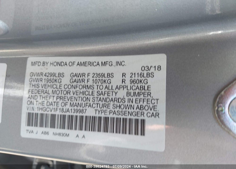 2018 HONDA ACCORD LX VIN: 1HGCV1F18JA139987