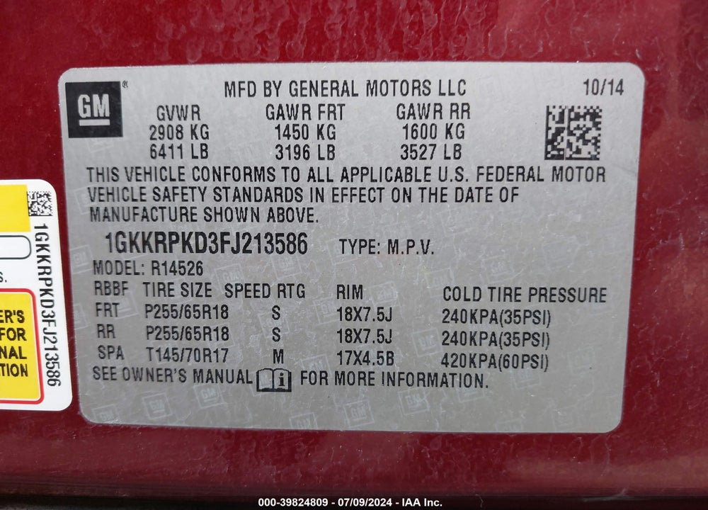2015 GMC ACADIA SLE-2 VIN: 1GKKRPKD3FJ213586