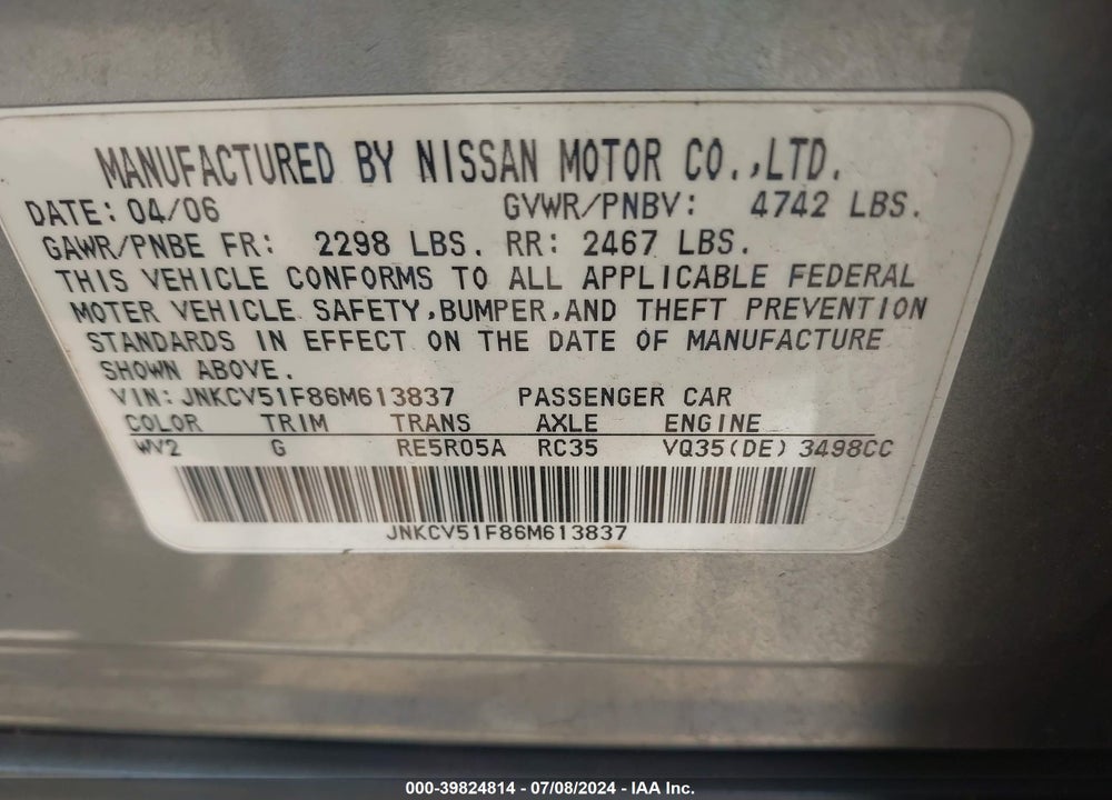 2006 INFINITI G35X VIN: JNKCV51F86M613837