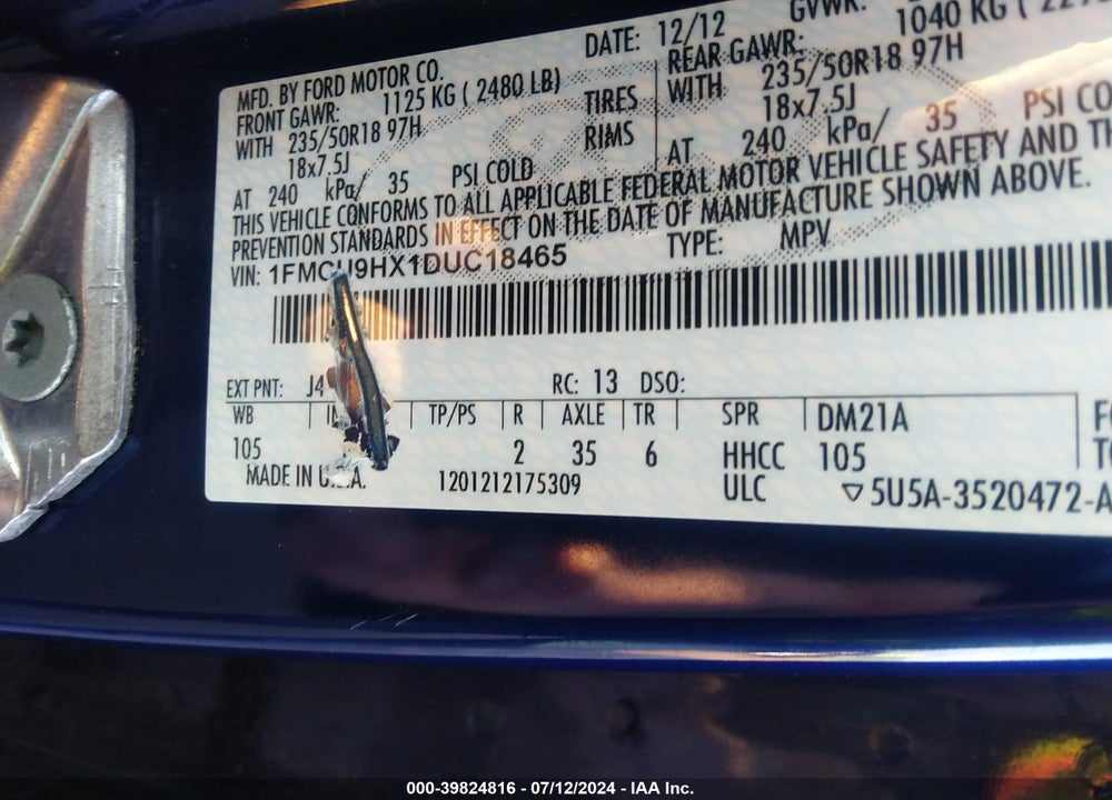 2013 FORD ESCAPE SEL VIN: 1FMCU9HX1DUC18465
