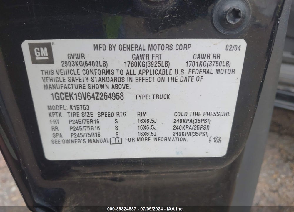 2004 CHEVROLET SILVERADO 1500 VIN: 1GCEK19V64Z264958