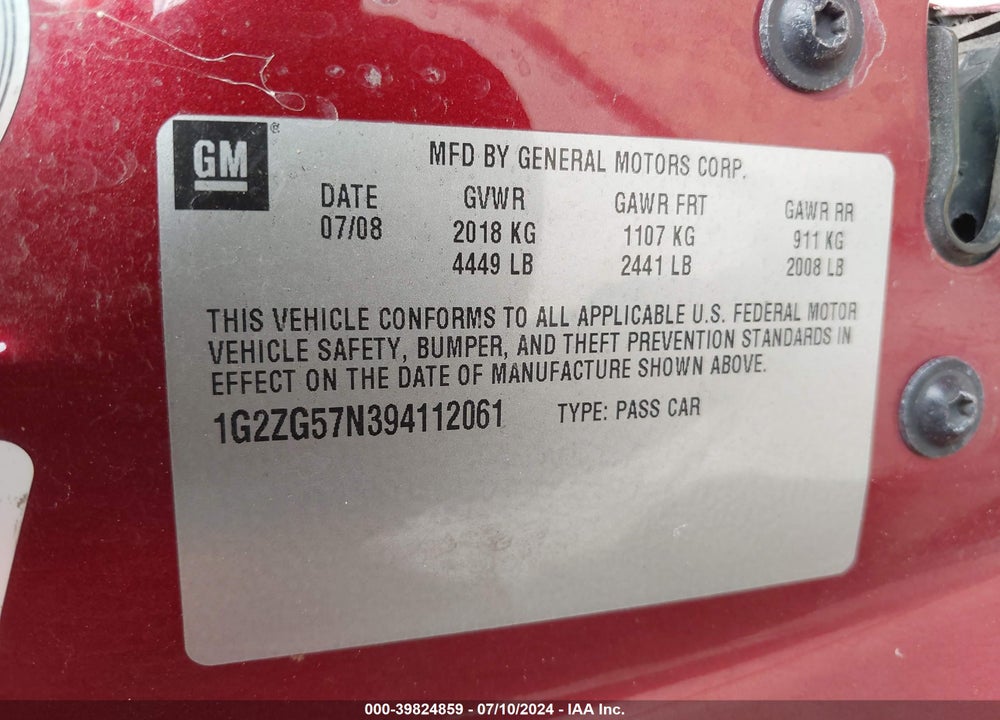 2009 PONTIAC G6 VIN: 1G2ZG57N394112061