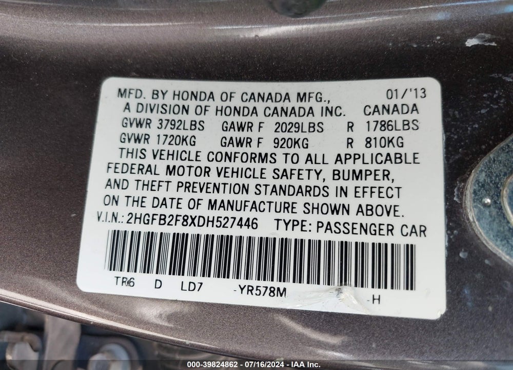2013 HONDA CIVIC EX VIN: 2HGFB2F8XDH527446