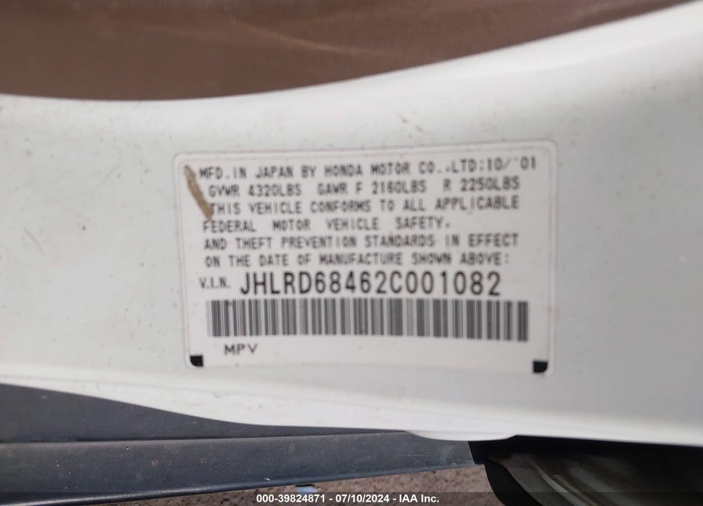 2002 HONDA CR-V LX VIN: JHLRD68462C001082