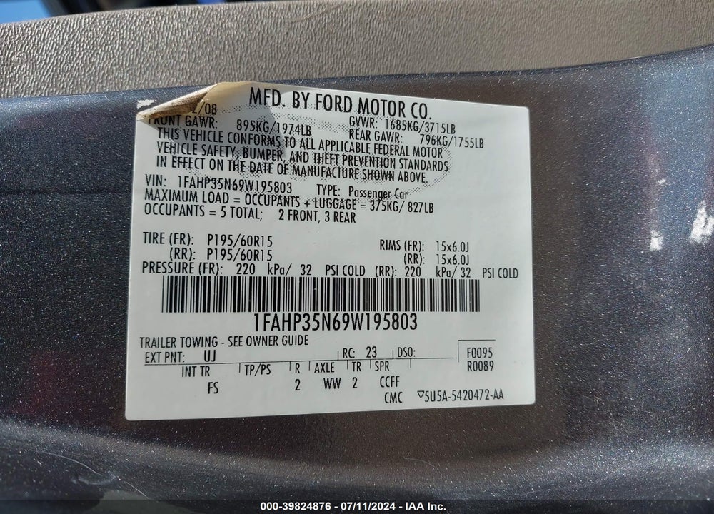 2009 FORD FOCUS SE VIN: 1FAHP35N69W195803